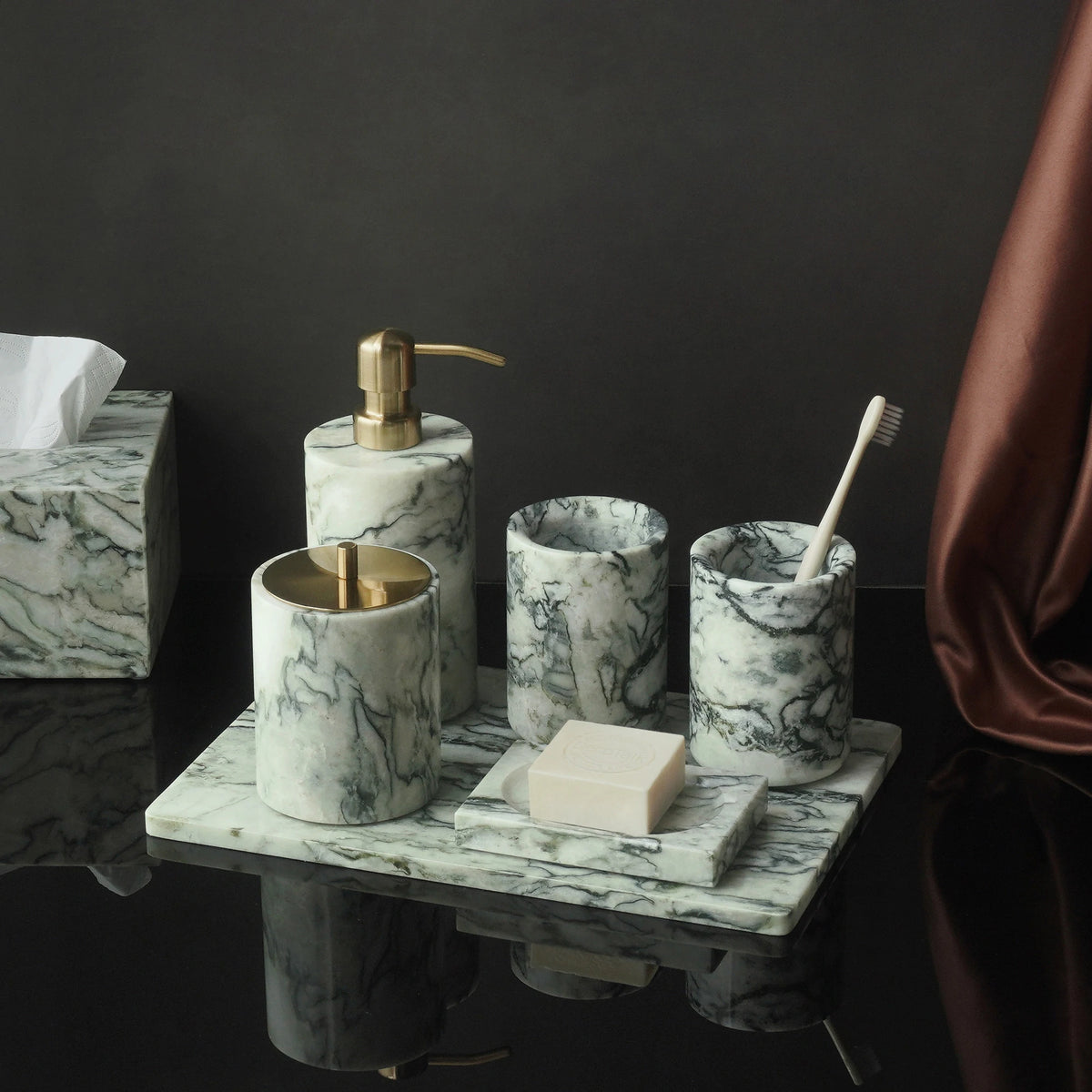 Cold Emerald Natural Marble Bathroom Accessories Set Luxury Soap Dispenser Soap Dish Toothbrush Holder Vanity Tray Kit Bathroom