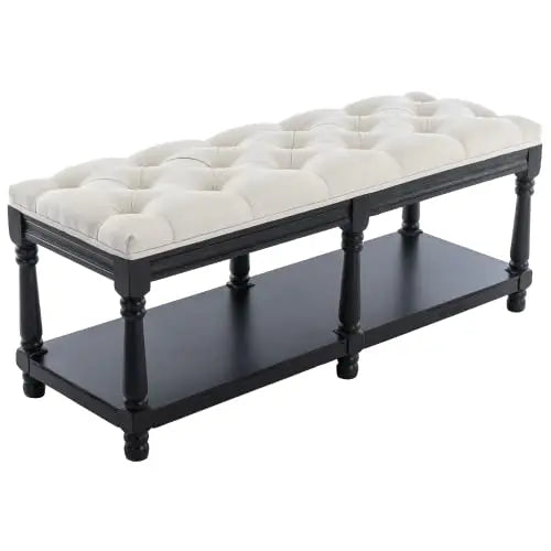 Shoe Rack Bench Storage Vintage Bedroom Padded Bench Seat End of Bed, Fabric Tufted Farmhouse French Entryway Bench
