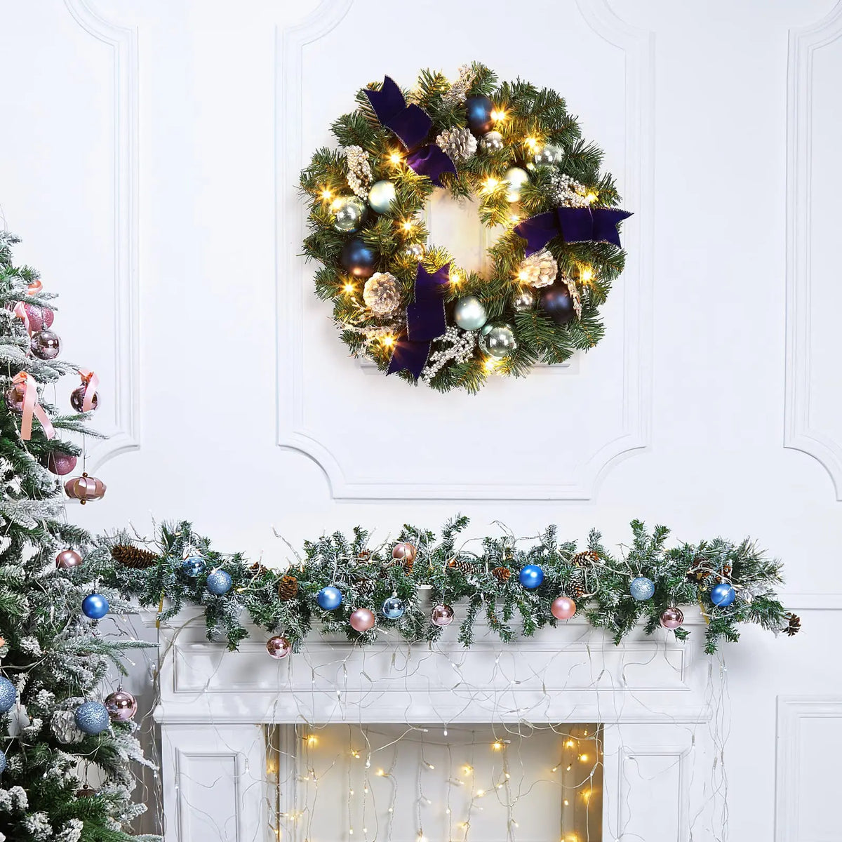 18 Inch Lighted Christmas Wreath For Front Door With 15 Warm Led Lights Blue Silver Ornaments Velvet Bows Winter Porch Wall Decor