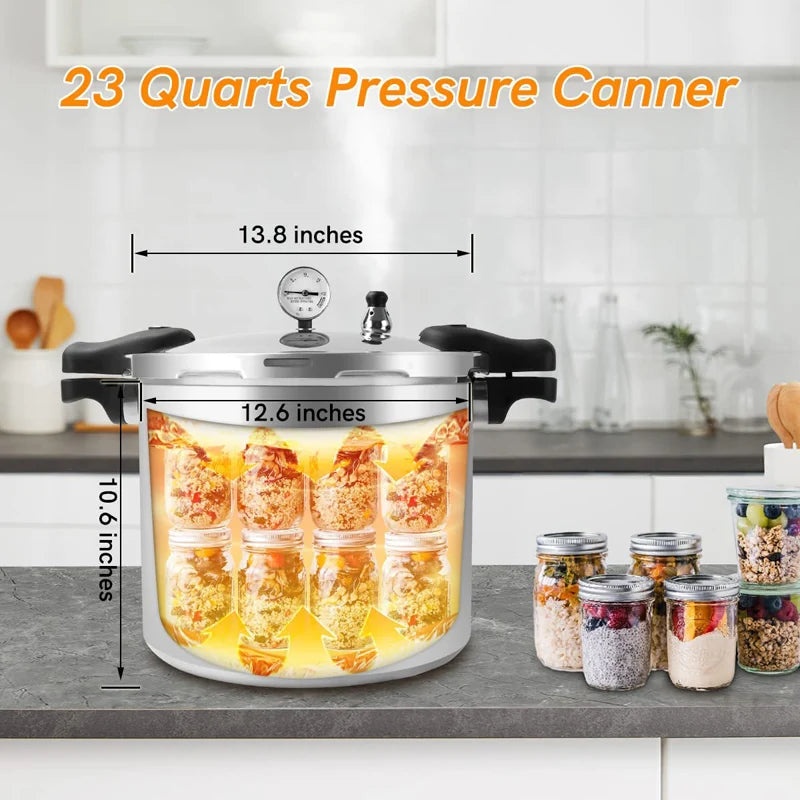 23QT Aluminum Pressure Cooker & Canner, 105KPa Induction Compatible Pressure Pot with Gauge, Thickened Heavy Duty Body