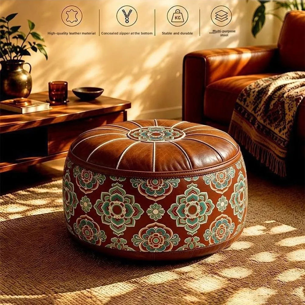 New PU Leather Fillable Ottoman Pouf Embroidered Pattern Moroccan Style Storage Ottoman Round Shape Round Pouf Cover Living Room