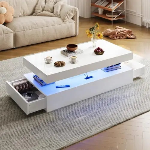 3-Piece Modern Living Room Table Set, Includes 47" LED Coffee Table and 15" End Tables Set of 2 with Storage Drawers