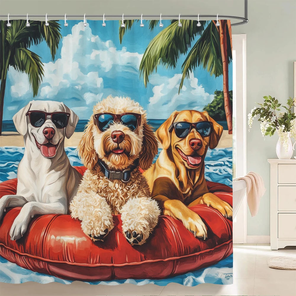 Funny Cat and Dog Shower Curtain Animal Beach Printed Shower Curtain Bathroom Bath Curtain Home Decor Curtain With Hooks