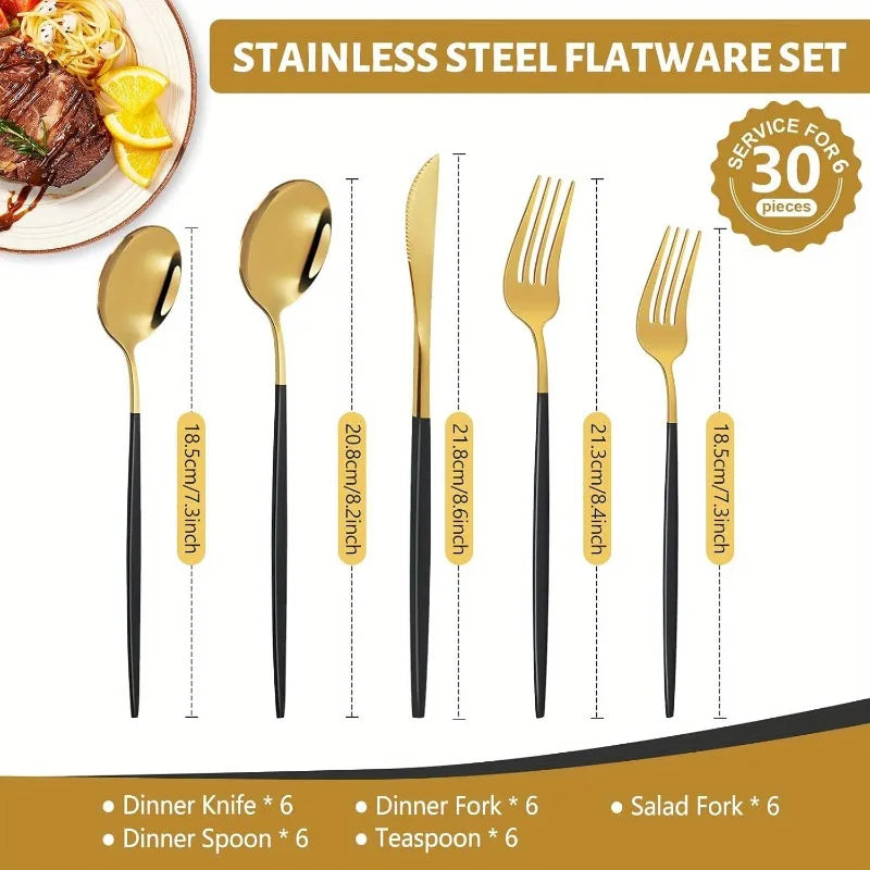 30 Pcs Stainless Steel Golden Black Cutlery Sets, Stainless Steel Golden Flatware Set - Mirror Polished Silveryware for Weddings, Knife Fork Spoon Household, Hotels, Restaurants - Dishwasher Safe