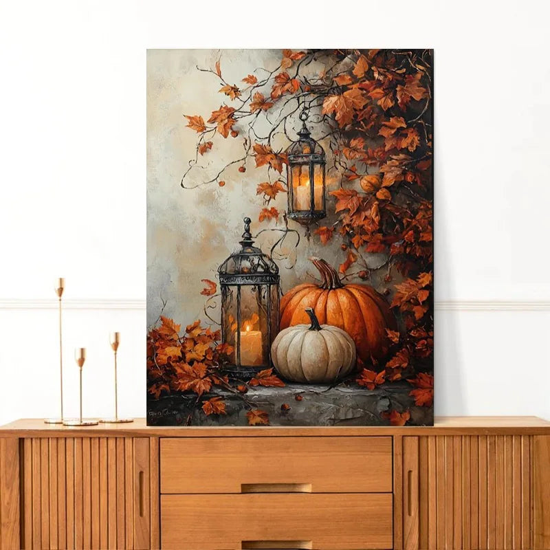 Halloween with Maple Leaves Pumpkin Candlelight Poster Prints Autumn Scenery Canvas Painting Wall Art Picture Holiday Home Decor