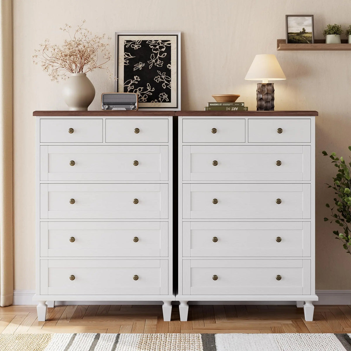 47 Inch 6 Drawer Dresser For Bedroom, Vintage White Chest Of Drawers With Carved Metal Handles, Tapered Legs & Large Storage