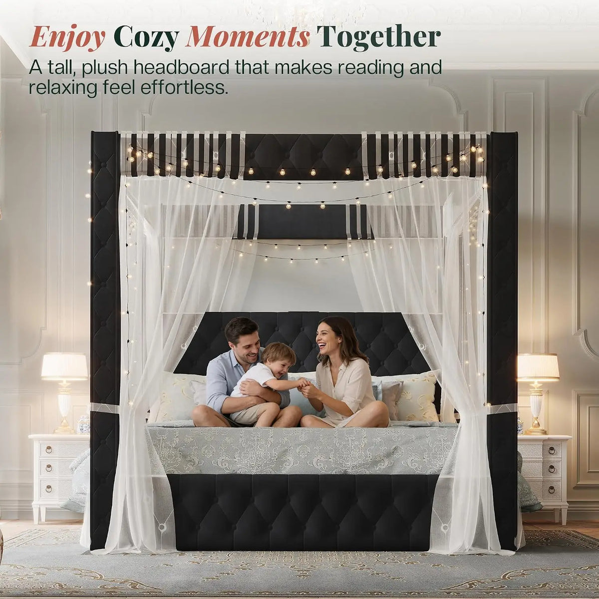 King Canopy Bed Frame Velvet Upholstered Deep-tufted Headboard 74.8" Tall Four Poster USB-A & USB-C Outlets No Box Spring 45-Min