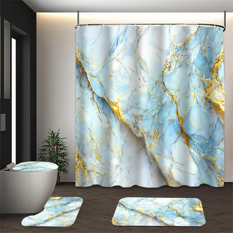 4-piece marble pattern shower curtain set, toilet seat decoration, shower curtain with carpet and toilet lid, 12 70.8x70.8 inch