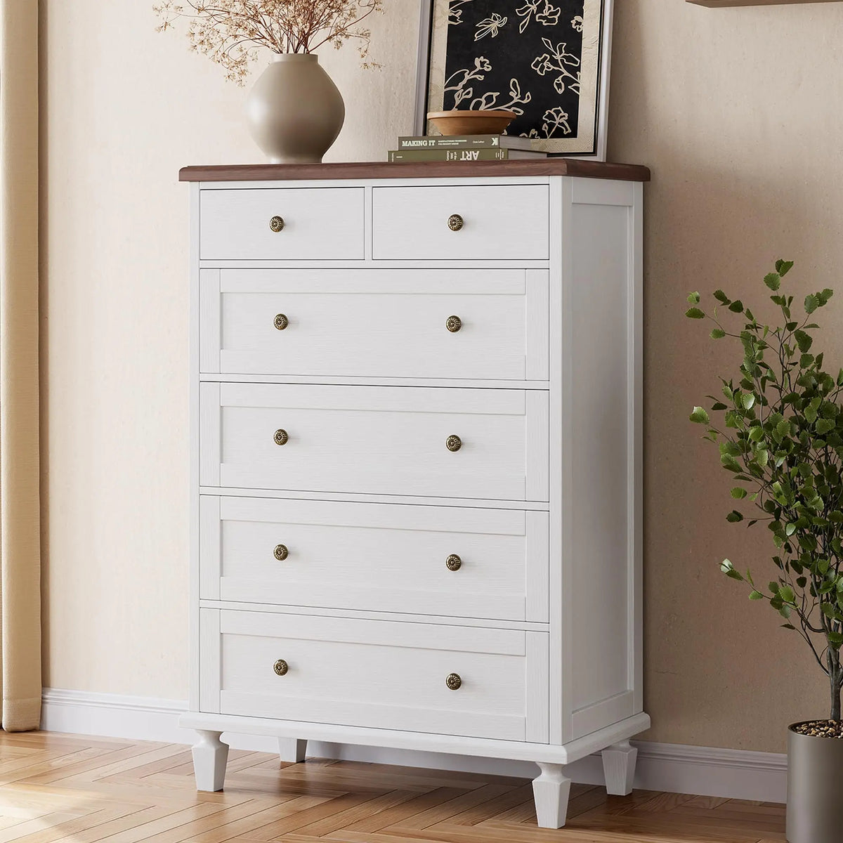 47 Inch 6 Drawer Dresser For Bedroom, Vintage White Chest Of Drawers With Carved Metal Handles, Tapered Legs & Large Storage