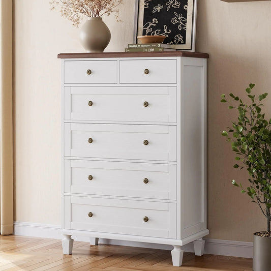 47 Inch 6 Drawer Dresser For Bedroom, Vintage White Chest Of Drawers With Carved Metal Handles, Tapered Legs & Large Storage