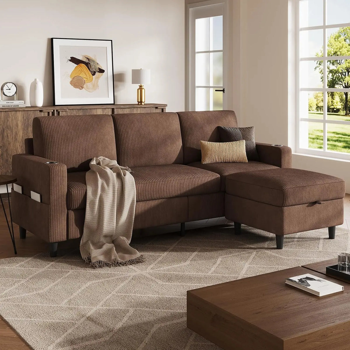 Convertible Sectional Couches for Living Room, 3 Seats L Shaped Sofa with Storage Ottoman & 2 Cup Holders, Modern, Custom