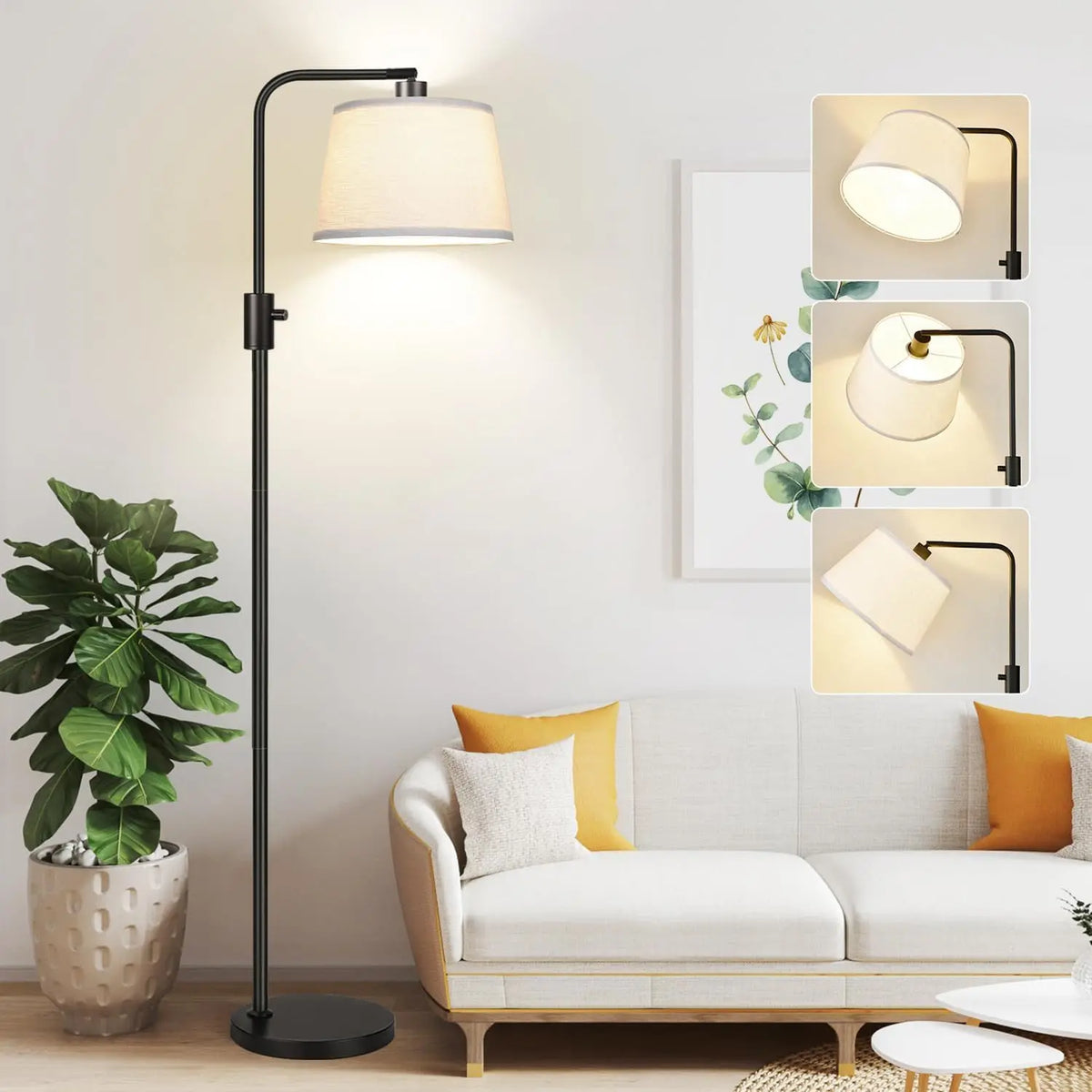Upgraded Dimmable Floor Lamp, 1000 Lumens LED Bulb Included, Arc Floor Lamps for Living Room Modern Standing Lamp with Linen Shade, Tall Lamp for Bedroom Office Reading Dining Room- Black