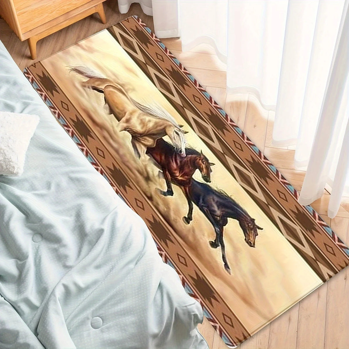 Tribal Geometric Border Running Horse Print Runner Rug, Non-Slip Washable Mat for Bedroom, Entryway, Hallway & Western Rustic