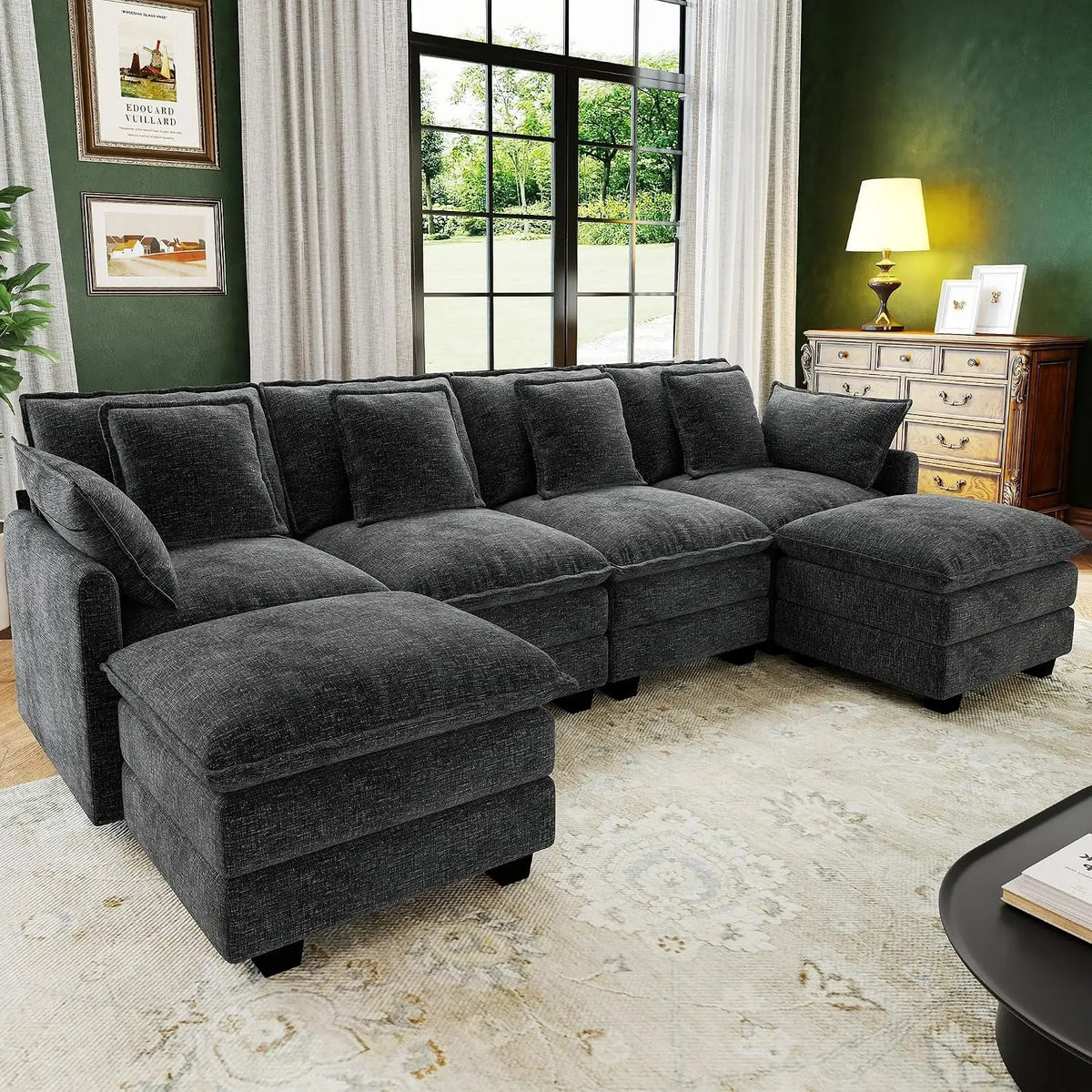 107" Cloud Couch Sectional Modular Sofa, Deep Seat Couches with Ottoman and Removable Washable Pillows for Living, Custom