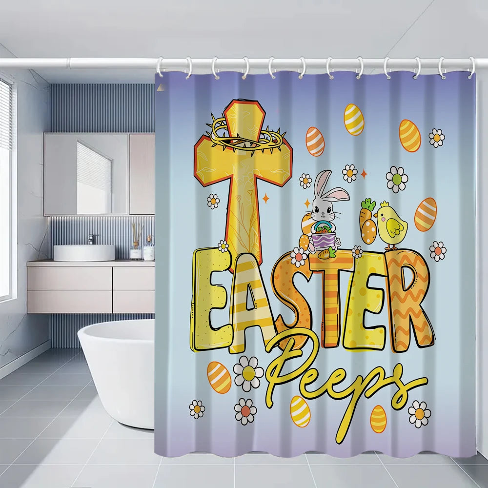 4/1 Easter Bunny shower curtain set, toilet seat decoration, shower curtain with carpet and toilet lid, size 70.8x70.8 in
