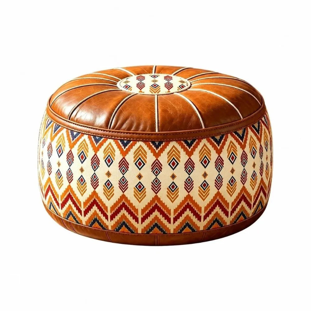 New PU Leather Fillable Ottoman Pouf Embroidered Pattern Moroccan Style Storage Ottoman Round Shape Floor Seat Cushion Home Use