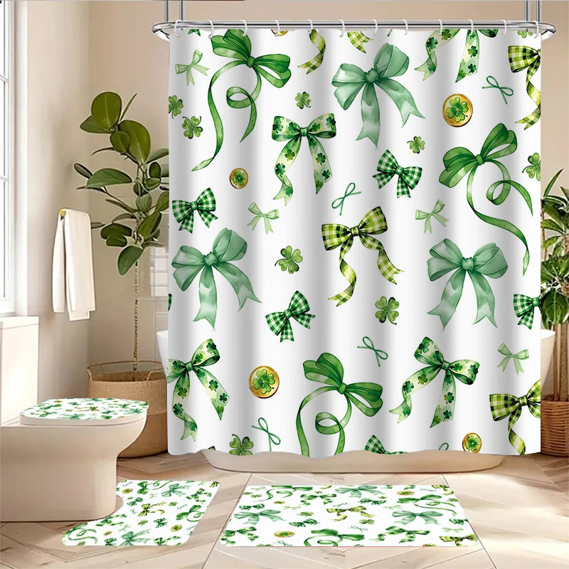 4-piece Green bow shower curtain set, toilet seat decoration, shower curtain with carpet and toilet lid, 12 70.8x70.8 inch