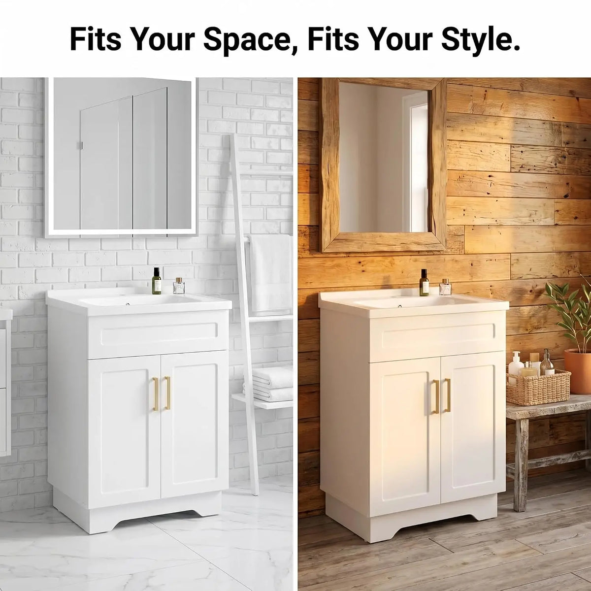 Bathroom Vanity with Ceramic Sink, Bathroom Vanity Cabinet with 2 Doors, 24 Inches Wooden Cabinet with Sink, White, Customized
