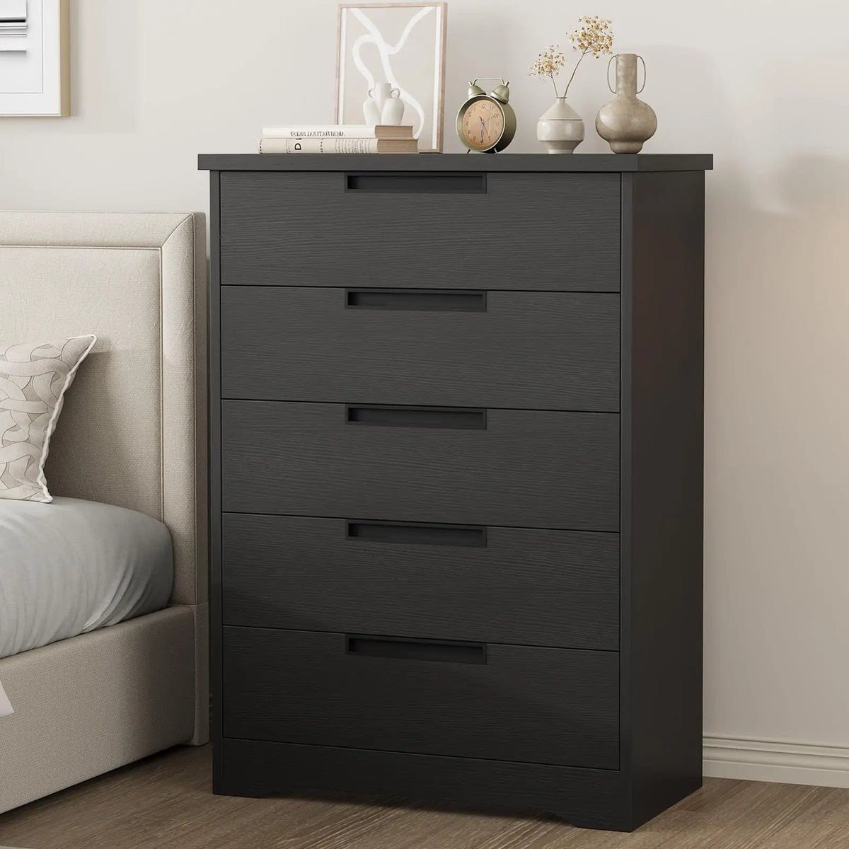5-Drawer Wooden Dresser - Modern Storage Furniture for Bedroom, Living Room, Hallway & Nursery - Recessed Handles, Spacious, Versatile