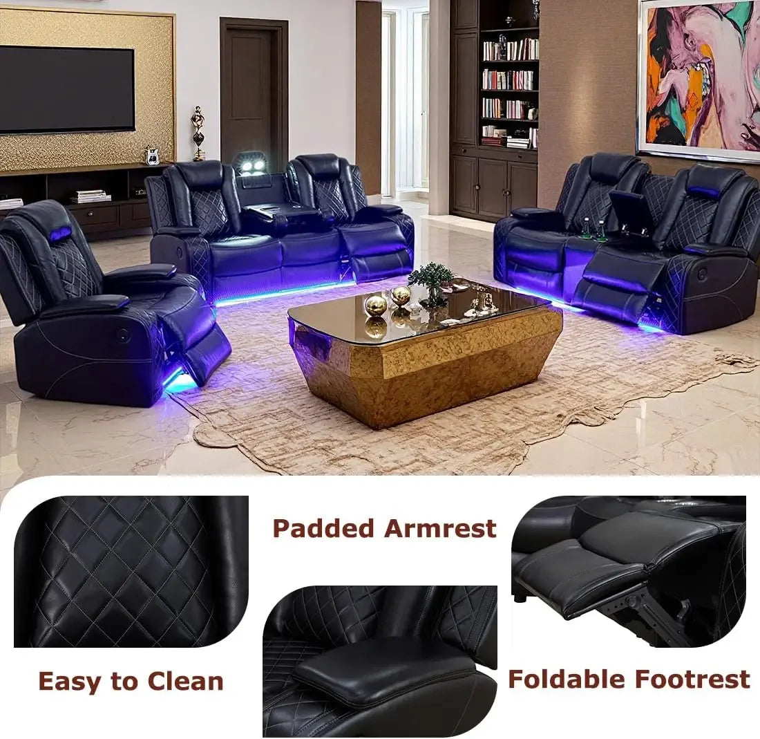 Modern Sectional Power Reclining Sofa Set With Storage Console LED Lights Black Leather