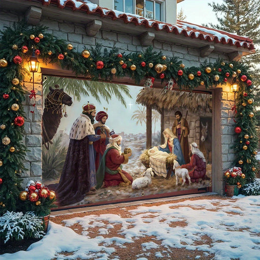 2D flat Christmas garage door banner, polyester, Jesus manger, Jesus' birth, suitable for winter festival decoration