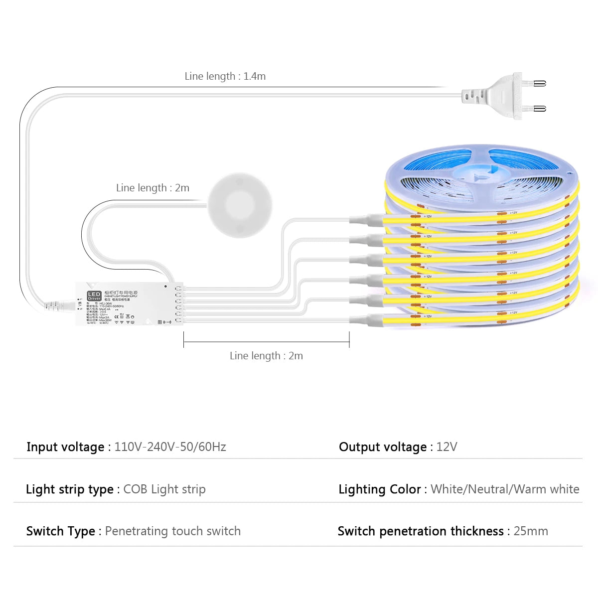 1-6 Sets 110V 220V COB Led Strip Parallel Lights Flexible LED Tape Dimmable Touch Sensor Switch For Under Cabinet Lamp Backlight
