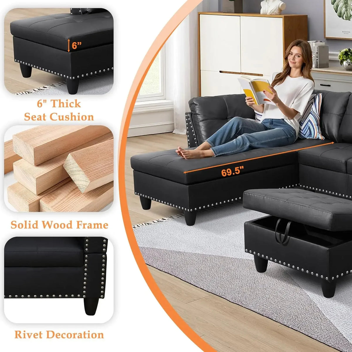 Modern L Shaped Faux Leather Sectional Sofa Set With Chaise Ottoman Cup Holder And Pillows Black