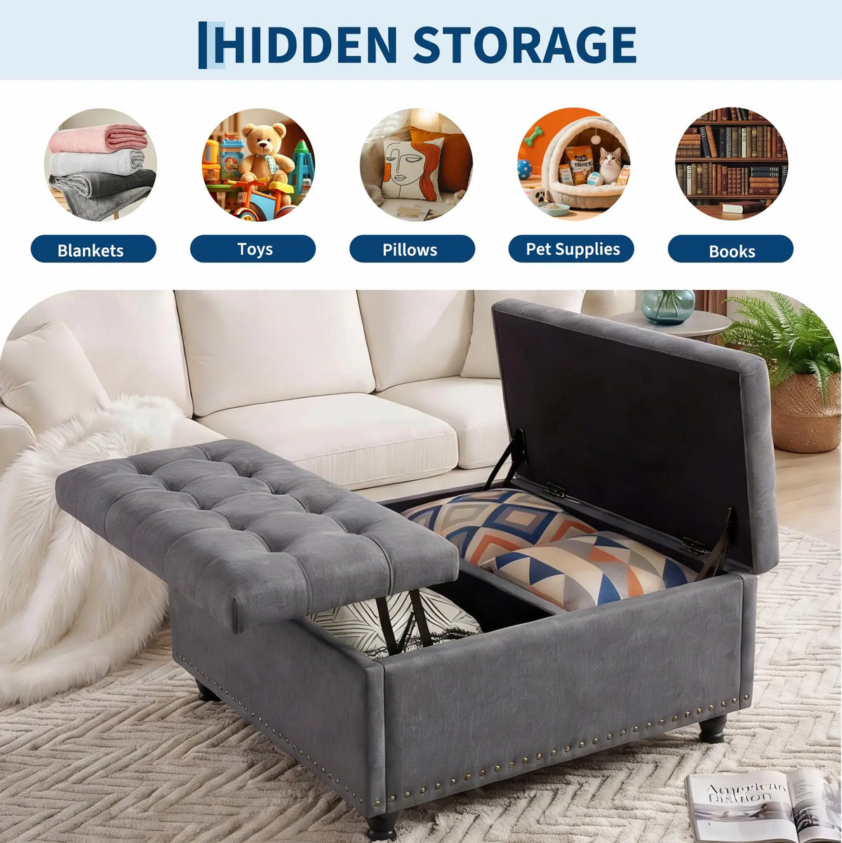 36 Inch Square Lift Top Storage Ottoman, Upholstered Ottoman Bench with 169L Large Hidden Storage Space, Tufted Padded Seat with Wood Legs, Multi-Functional Footrest Coffee Table or Extra Seating, 300LBS Capacity