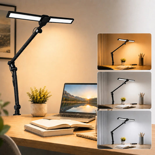 13W Clip On LED Desk Lamp with 3 Color Modes & 10 Levels Brightness Dimmable, Adjustable Swing Arm Memory Function Eye Caring Reading Light, Foldable Angle Clamp Table Lamp for Home Office Bedroom Dorm Study Work Studio Time