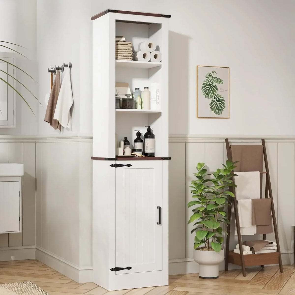 71" Tall Bathroom Storage Cabinet, Farmhouse Storage Cabinet with Adjustable Shelves, Narrow Linen Tower Cabinet for Bathroom, L