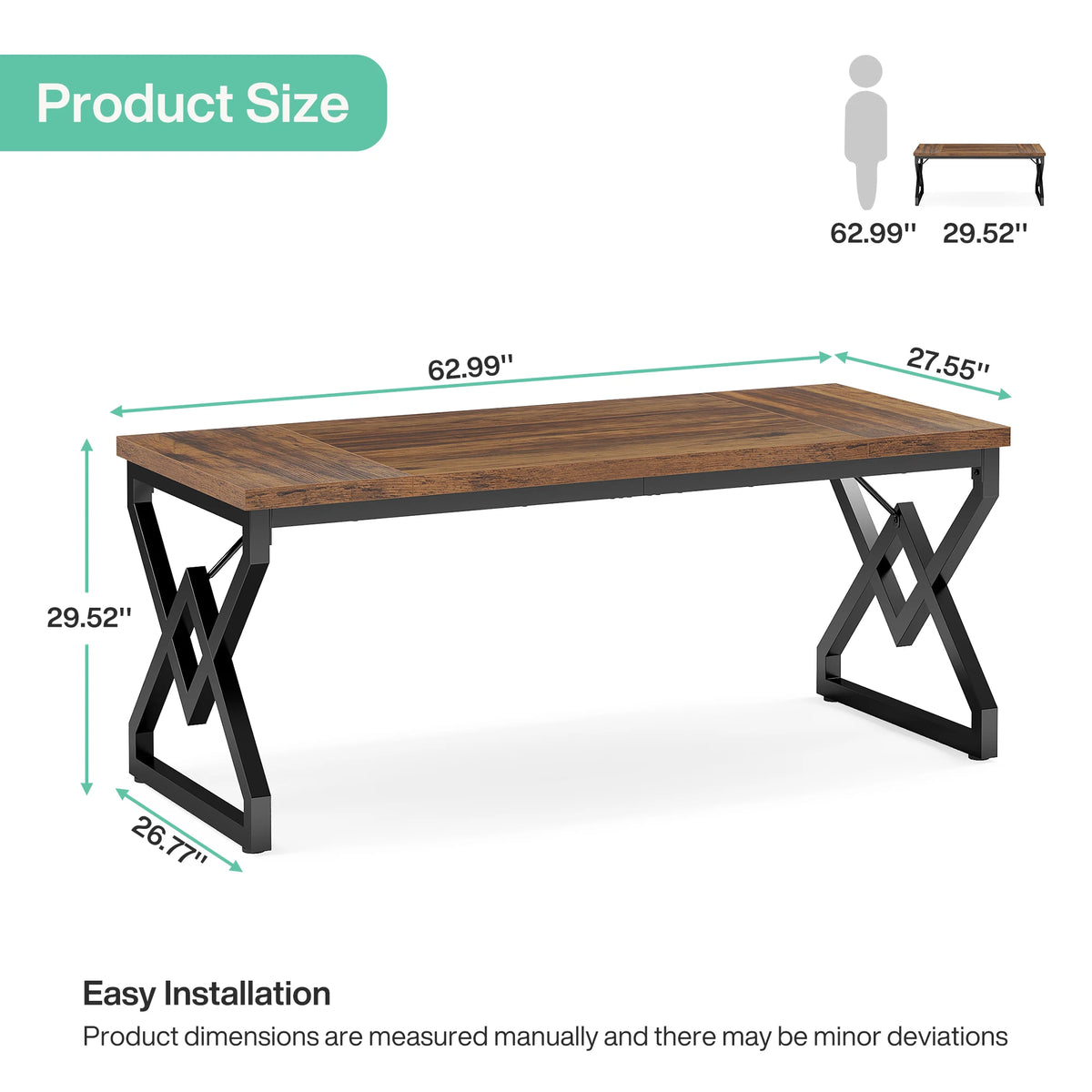 Tribesigns 63" Large Industrial Executive Desk with Extra Thickened Tabletop & Metal Frame, Heavy-Duty Home Office Desk