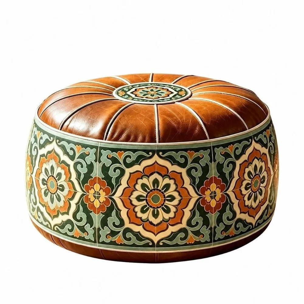 New PU Leather Fillable Ottoman Pouf Embroidered Pattern Moroccan Style Storage Ottoman Round Shape Floor Seat Cushion Home Use