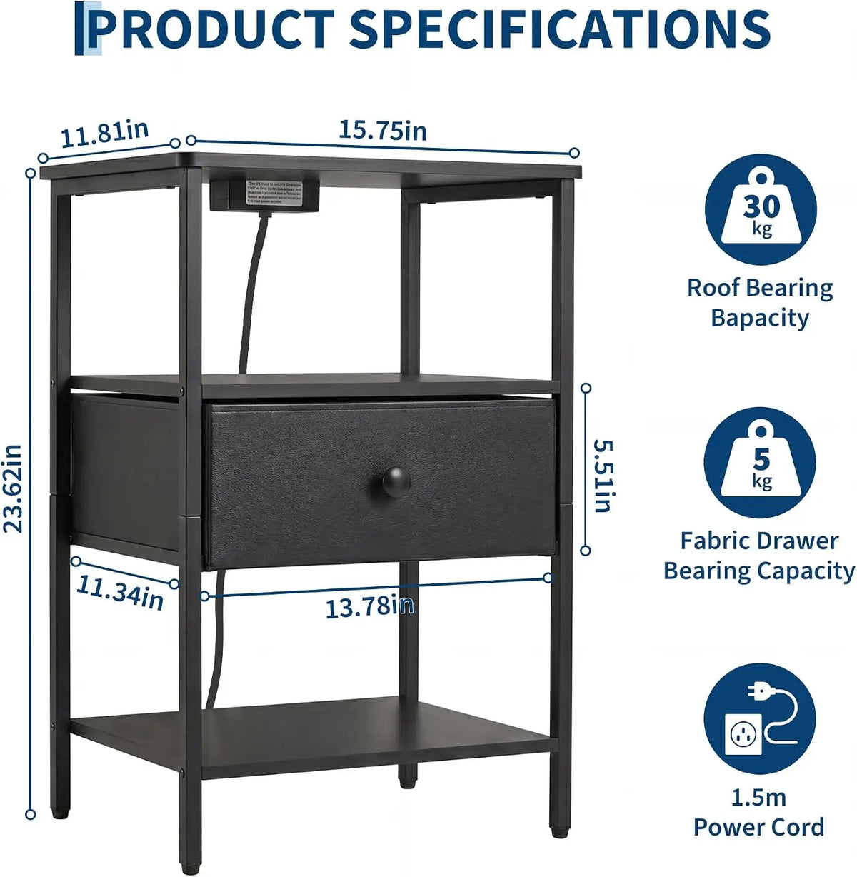 3 Tier Nightstand with Charging Station Fabric Drawer Open Storage Shelves Alloy Steel Frame Bedside End Table Side Table for Bedroom Living Room Small Spaces