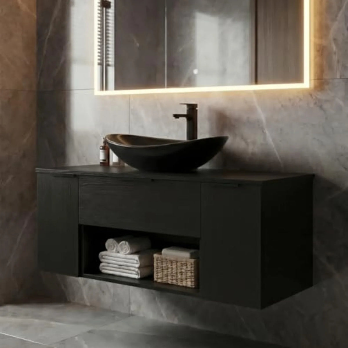 36'' Floating Bathroom Vanity with Sink, Wall Mounted Vanity, Black | Floating Bathroom Cabinets, Black handle, 1 Door