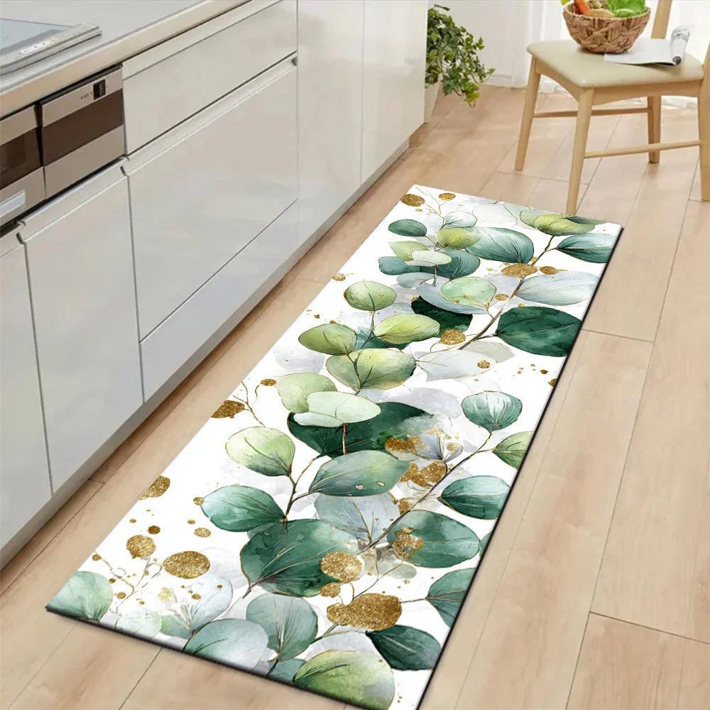 Minimalist Eucalyptus Leaf Gold Speckle Runner Rug on white base,non-slip decorative mat for bedroom, entryway and home corridor