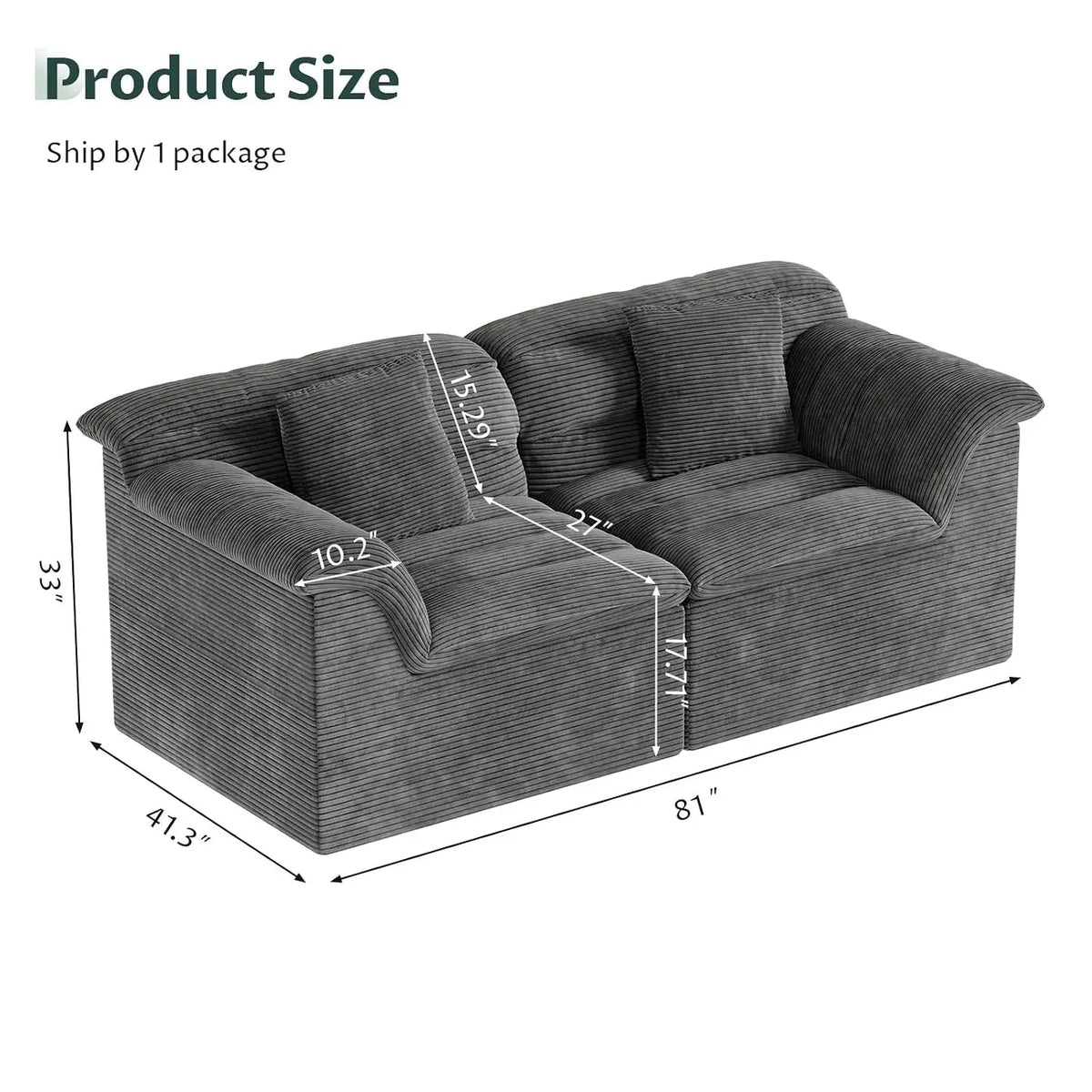 81" Sofa with Deep Seats Oversize, 2 Seater Cloud Couches, Upholstered Corduroy Loveseat for Living Room Bedroom,, Customized