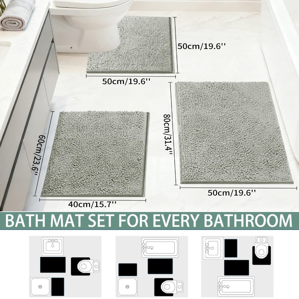 Absorbent Bathroom Rugs Set Non Slip 3 Piece Bath Mat Washable Chenille Bath Rugs Bath Tub Carpet Bathroom Mats with Toilet Rug