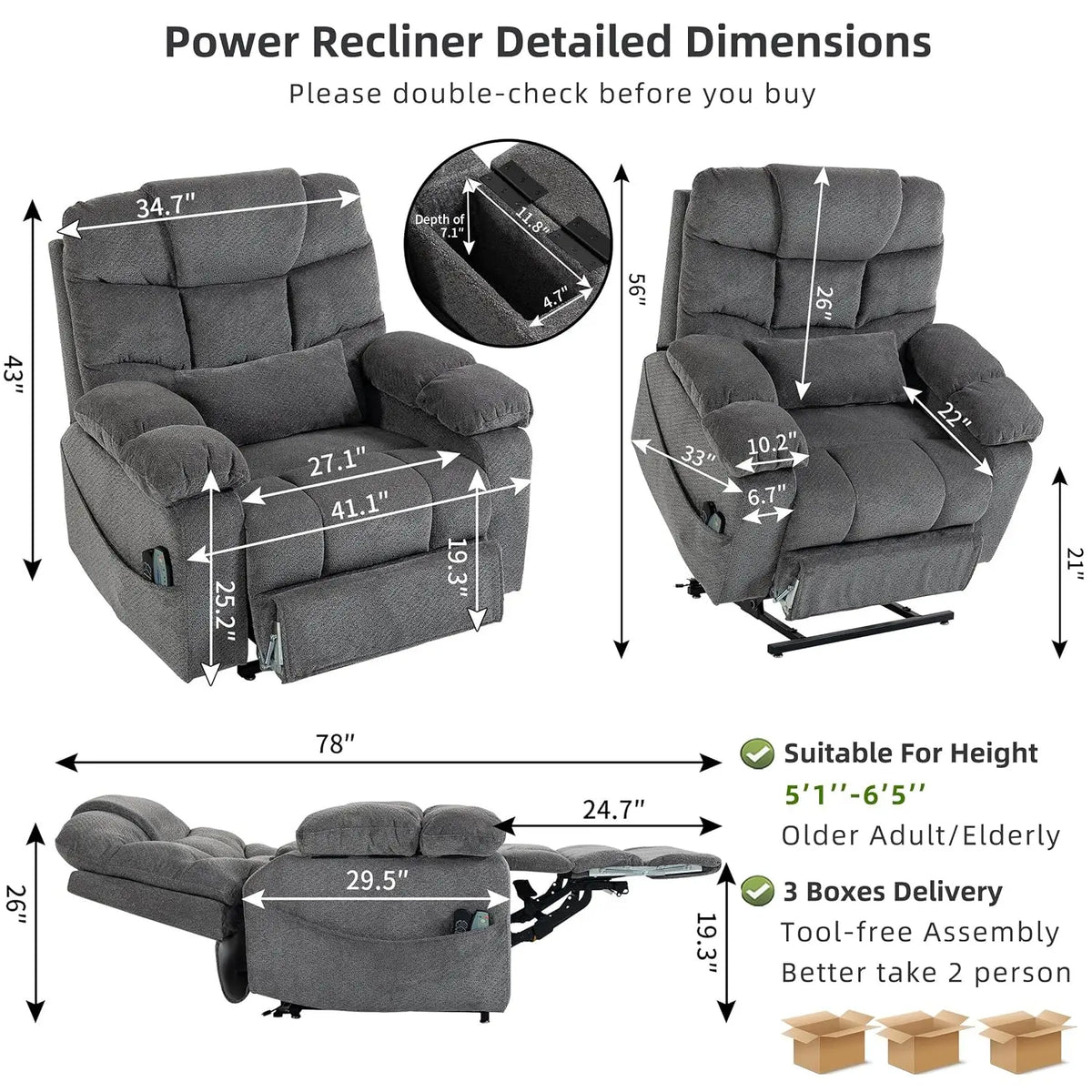500lbs Heavy Duty Power Lift Recliner for Tall Man 6'5" Extended Footrest, Custom