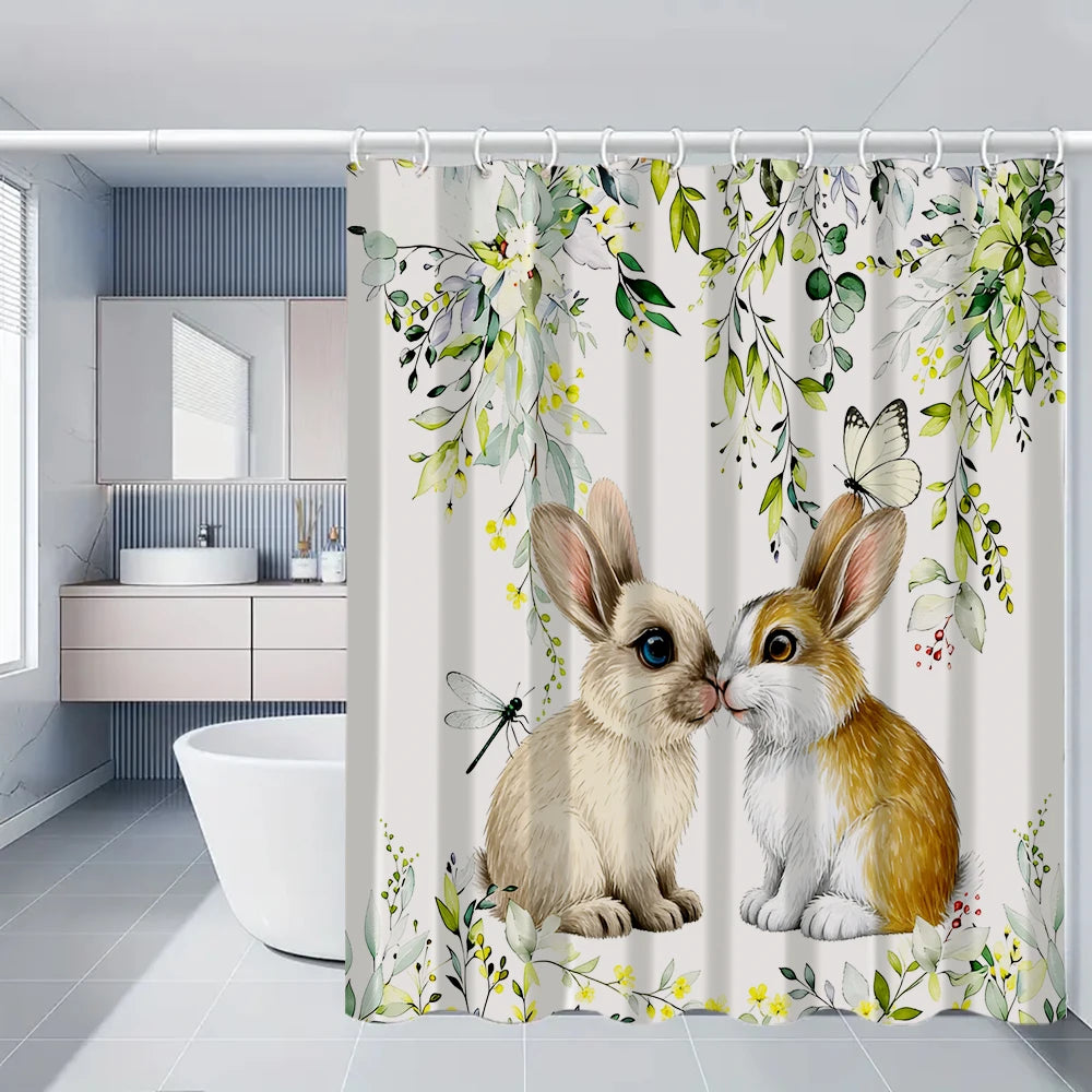 4/1 Easter Bunny shower curtain set, toilet seat decoration, shower curtain with carpet and toilet lid, size 70.8x70.8 in