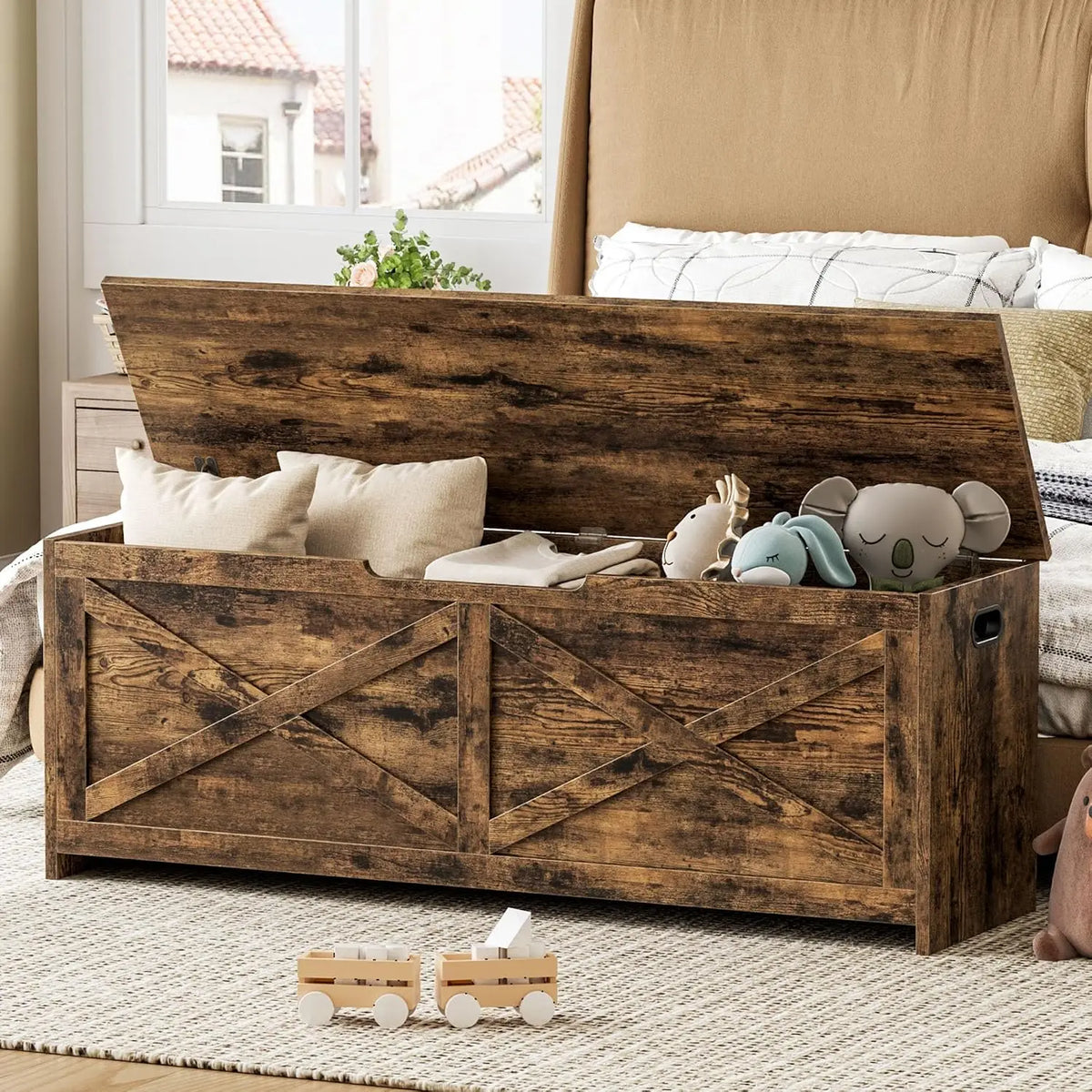 TWISTER.CK 47.2" Storage Chest & Bench, Wooden Storage Bench with Safety Hinges, Easy-to-Assemble Large Shoe Bench for Entryway, Living Room & Bedroom