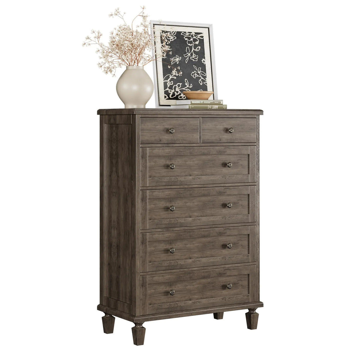 47 Inch 6 Drawer Dresser For Bedroom, Vintage White Chest Of Drawers With Carved Metal Handles, Tapered Legs & Large Storage