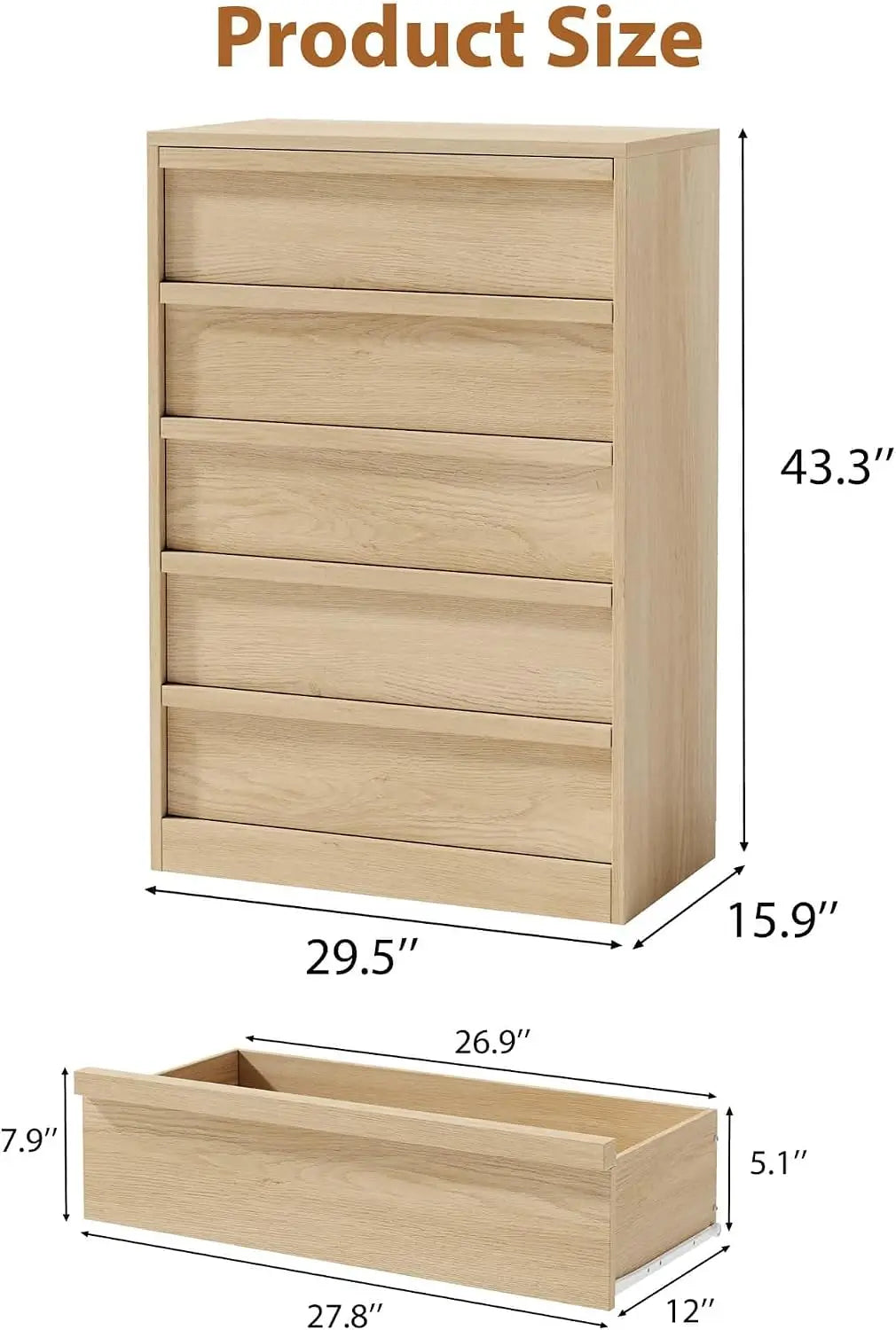 43.3" Tall 5-Drawer Chest Dresser – Freestanding Wooden Storage Cabinet with Drawers, Natural Oak, for Bedroom, Living Room, Hallway, Entryway