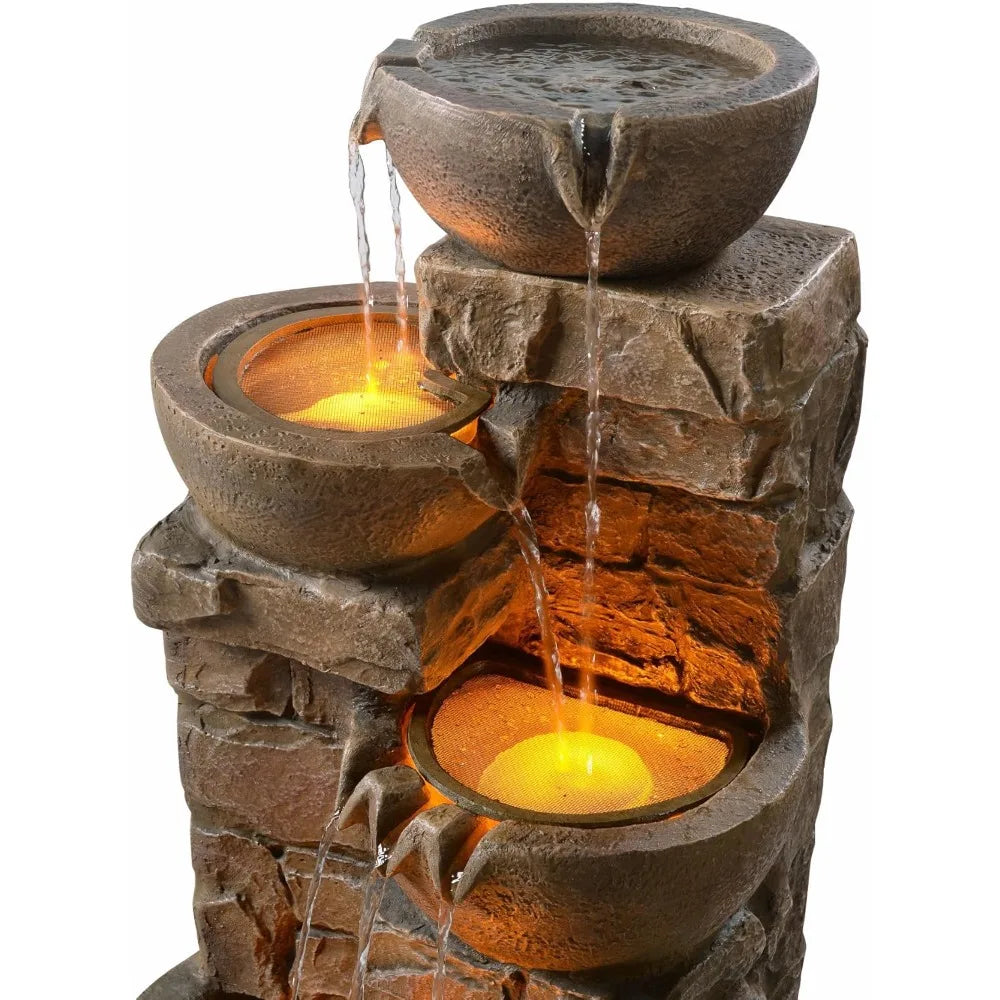 US Shipped   LED Waterfall Fountain with Cascading Bowls and Stacked Stones for Garden Patio