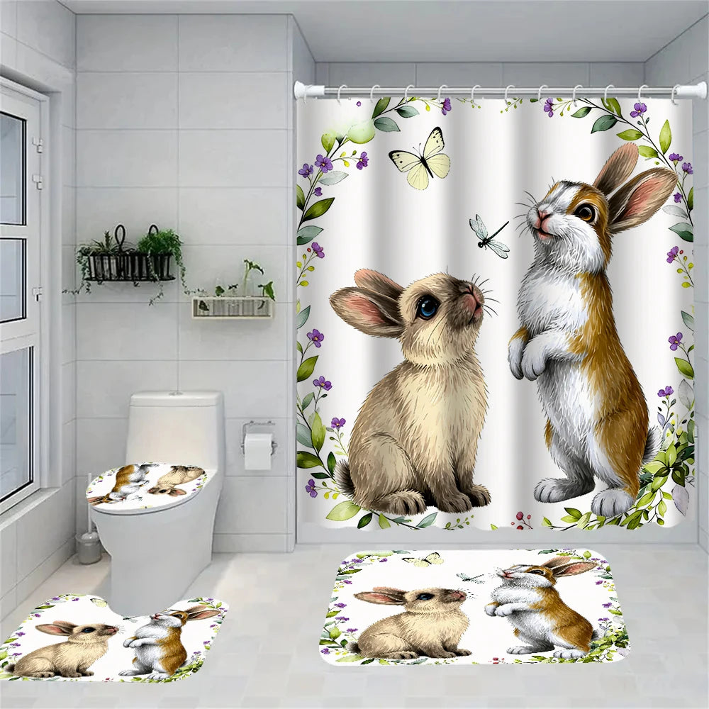 4/1 Easter Bunny shower curtain set, toilet seat decoration, shower curtain with carpet and toilet lid, size 70.8x70.8 in