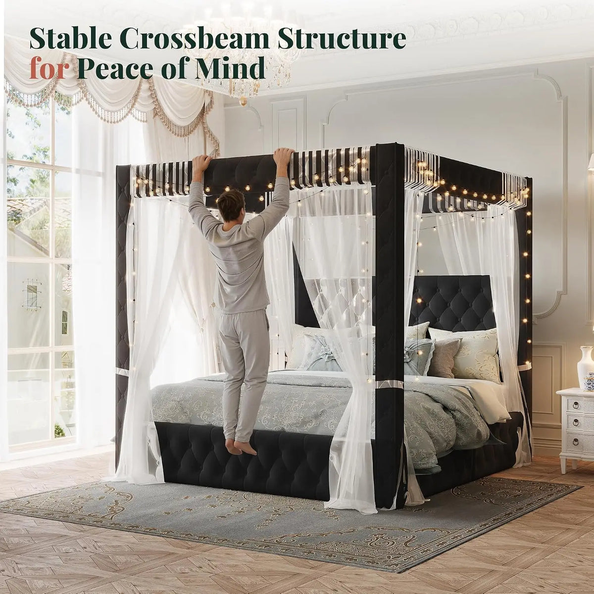 King Canopy Bed Frame Velvet Upholstered Deep-tufted Headboard 74.8" Tall Four Poster USB-A & USB-C Outlets No Box Spring 45-Min