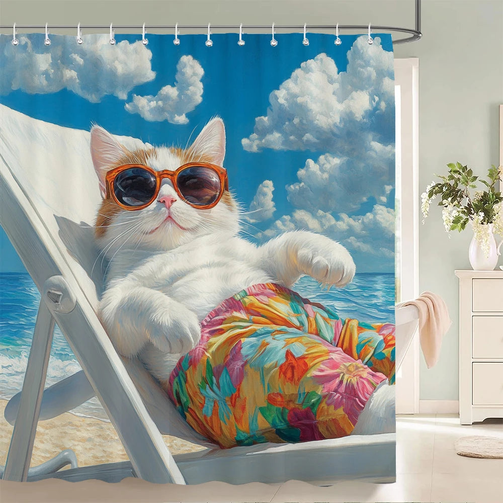 Funny Cat and Dog Shower Curtain Animal Beach Printed Shower Curtain Bathroom Bath Curtain Home Decor Curtain With Hooks