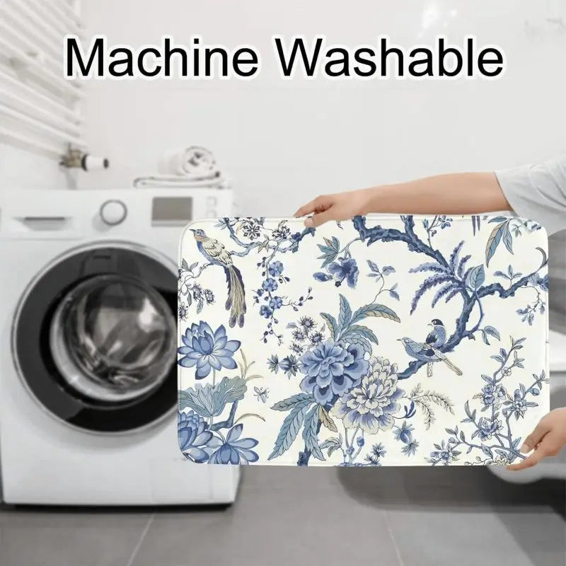 3 Pcss Set Chinoiserie Blue and White Outdoor Bule Birds Flowers Non-Slip Bath Mats Toilet Seat Cover U-Shaped Mat and Floor Rug