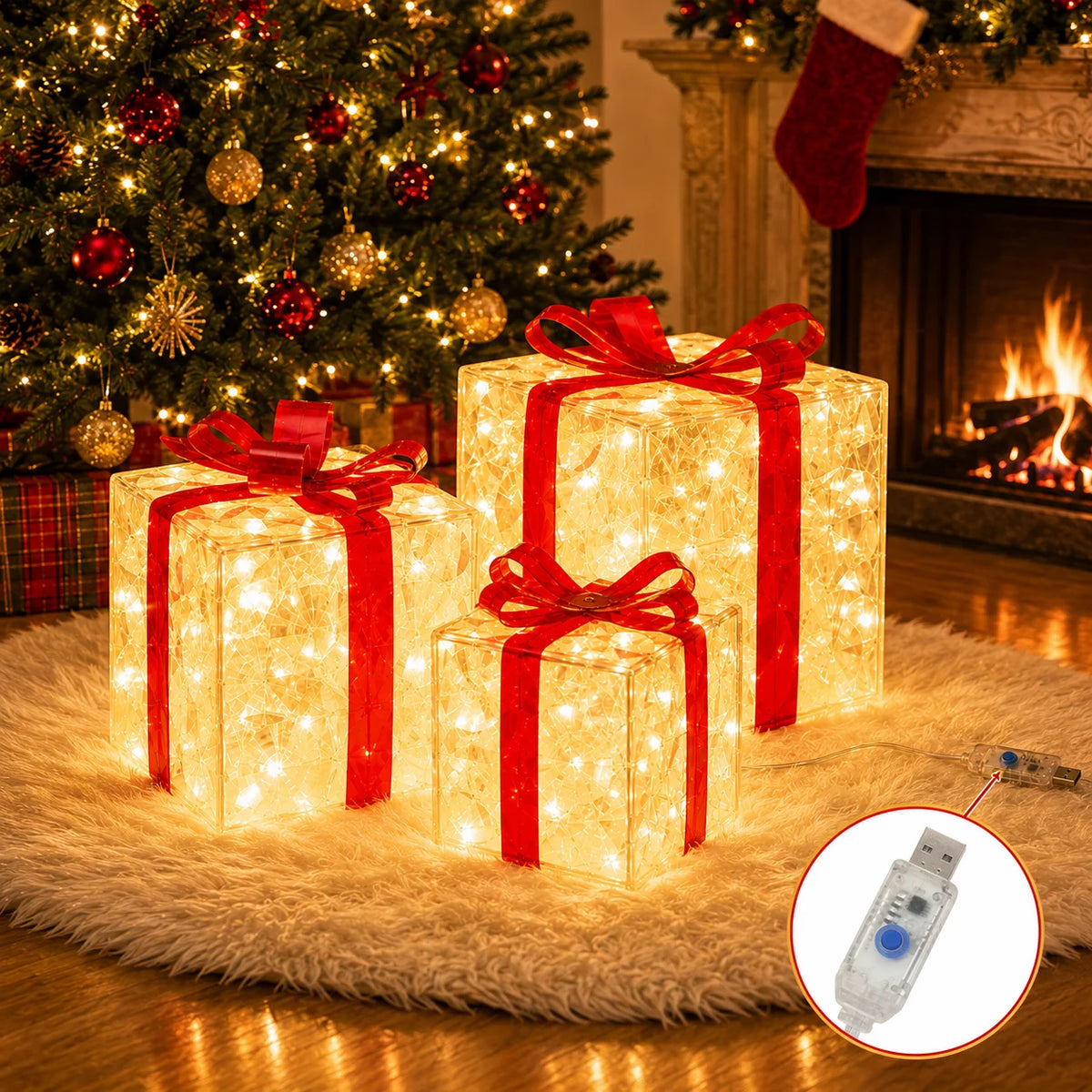 Christmas Lights Gift Box LED Lighted Presents USB Powered 3PCS Set Warm White 8 Modes for Tree Home Holiday Decor
