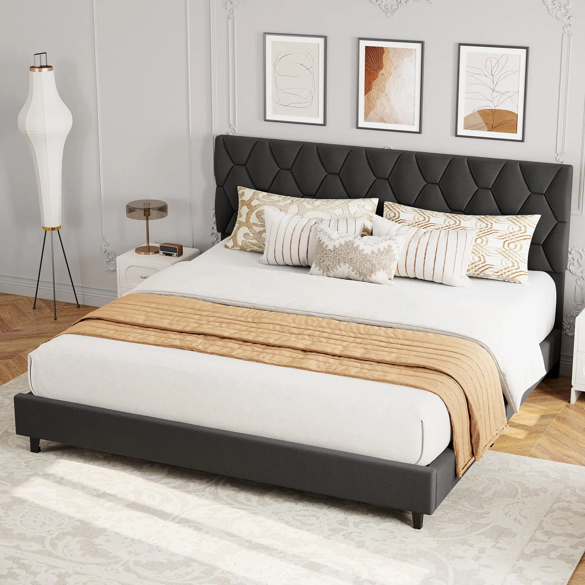 Noise-Free Upholstered Platform Bed Frame with Fabric Headboard - Heavy-Duty Slat Support, Non-Slip, No Box Spring Needed, Easy Assembly - KING Grey