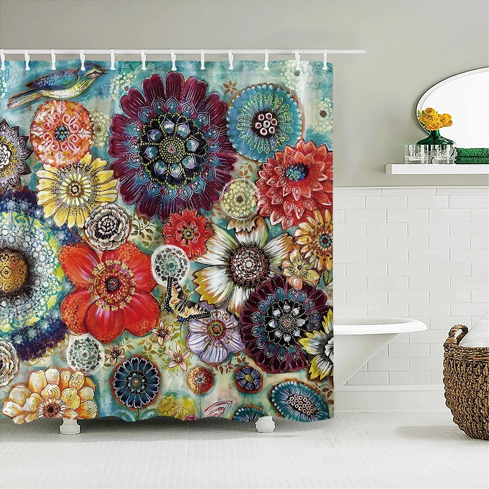 Bohemian Beach Fabric Shower Curtain Bathroom Curtains Indian Mandala Flower Waterproof Fabric Bath Screen with 12 Hooks